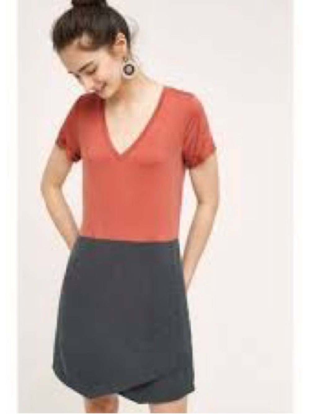 Anthropologie Colorblock V-Neck Two-Piece Dress in Terracotta and Charcoal XS